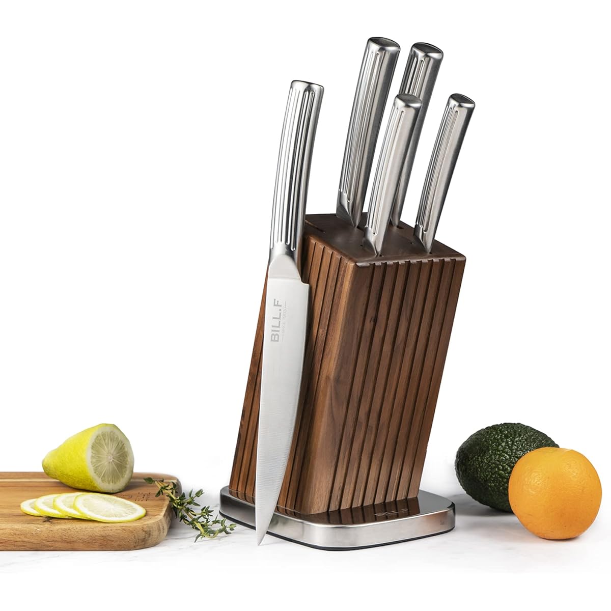 Knife set BILL. F [Santoku Knife, Yanagiba Knife, Gyuto Knife, Bread Cutter, Petty Knife] Knife Block Set, Set of 5, Wooden Knife Knife Holder Included, Non-Slip Handle, Good Sharpness, Made of Stainless Steel, Dishwasher Safe, Vegetable Cutting, Meat Cu
