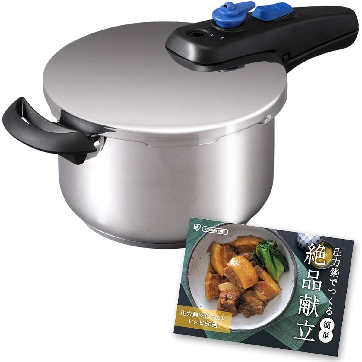 Iris Ohyama Pressure Cooker, Single Handed Pot, 5L, IH Compatible, 3 Layer Bottom, Switchable, Slide Open/Close, 2 Levels of Pressure Switching, Safety Lock Function, KAR-5L, Silver, 60 Items, Recipe Included, Recipe Book, Pot