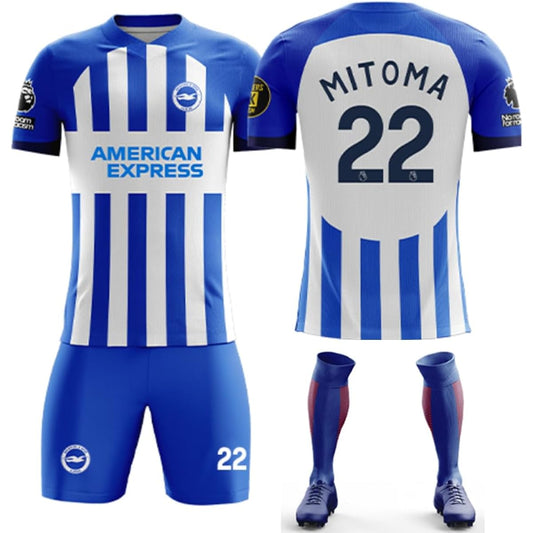 Kaoru Mitoma Soccer Uniform 23-24 Brighton Home Mitoma Uniform Uniform Number 22 Children Adults T-shirt Shorts Top and Bottom Set with Socks Lightweight Quick Drying Breathable Uniform Number Practice Clothes Sports Unisex