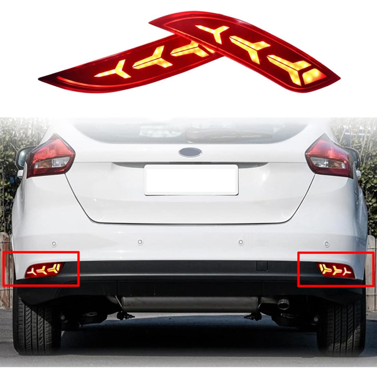 RUIHE 3D LED Rear Bumper Reflector Winker Brake Tail Light Lamp Trim Fit Ford Focus Hatchback ST Electric Titanium SEL