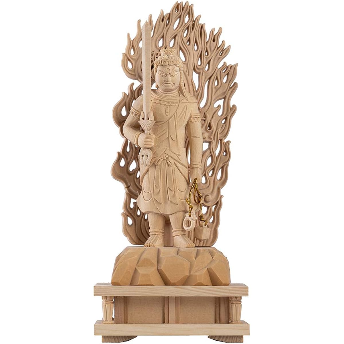 Hanro Art Sculpture Buddha Statue Fudo Myoo Fudoson Buddhist Altar Buddha Statue Made of Cypress Wood 3.5 inches Log Rock Pedestal Flame Halo Year of the Rooster Protective Principal Image Prayer Warding Off Evil (Height 21cm x Width 9cm x Depth 7cm)