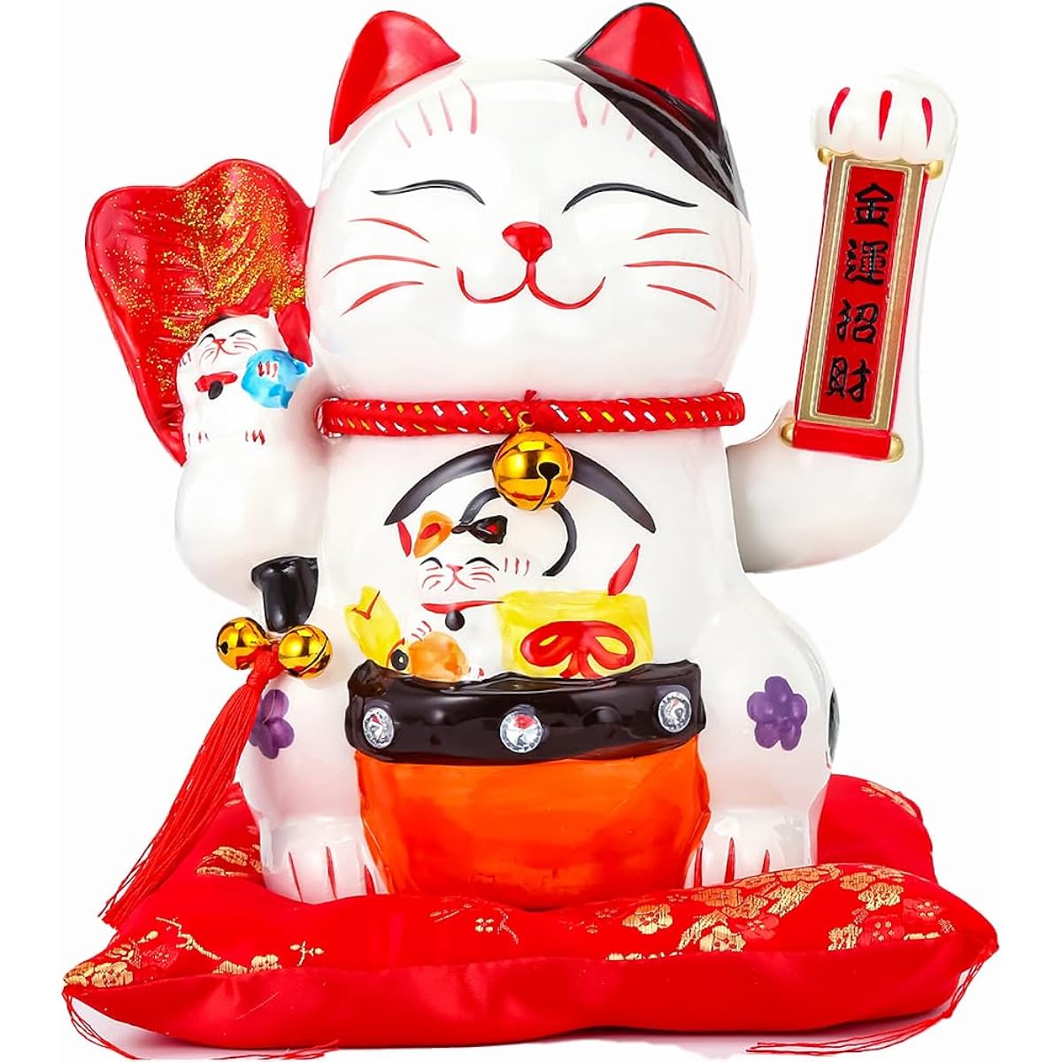 EnergyPower Electric Maneki Cat with Zabuton, Maneki Cat, Ceramic Hand-painted, Handmade, Cute, Battery-operated, Great for Opening Celebrations and Opening Celebrations, Automatically Waving Your