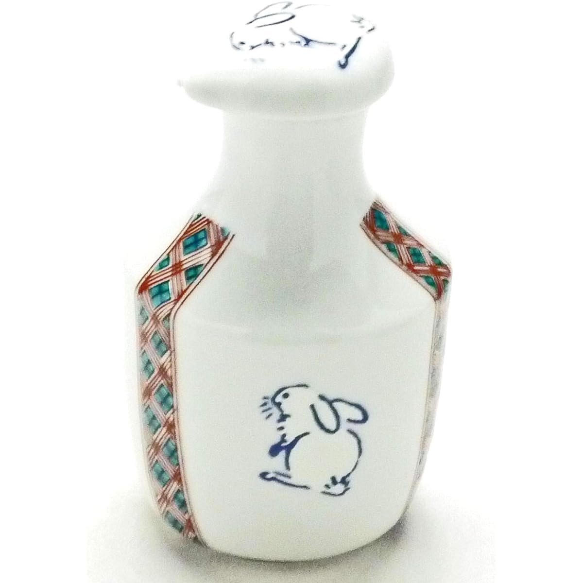 Hyakkaen - Kutani ware soy sauce jug, white rabbit, red and small pattern, back picture