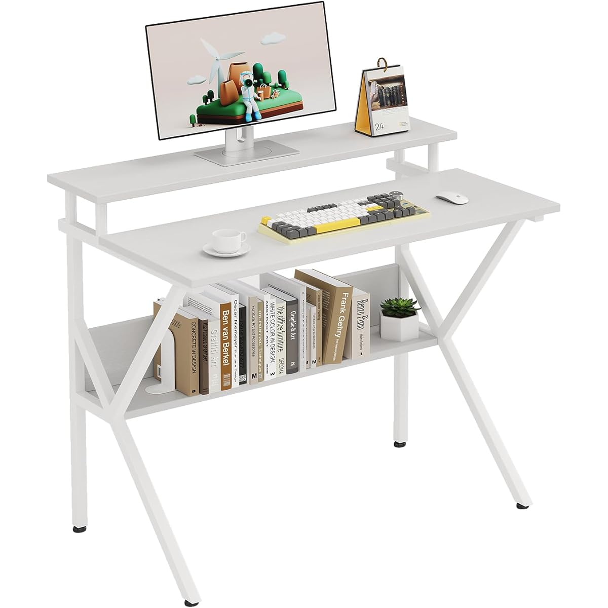 Mexin Desk, PC Desk, Computer Desk, Width 70 x Depth 48, Includes Monitor Stand, Desk with Lower Shelf, Compact, Space Saving, Work from Home, Sturdy and Easy to Assemble, Stylish, Study Desk, Storage, Telework, White