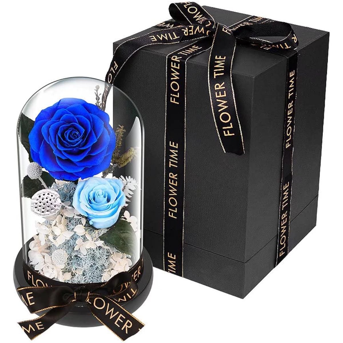 HIMENO Preserved Flowers, Cute, Rose, Blue Rose, Never Wither, Flower Message Card, Stylish, Glass Dome, LED Light, Beautiful, Beautiful Wooden Base, Hydrangea Romantic, Anniversary, Celebration,