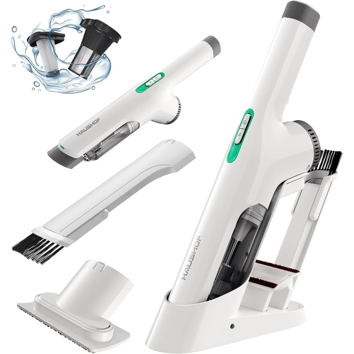 HAUSHOF Handy Cleaner, Car Vacuum Cleaner, Carpet, Sofa, Car and Home Use, Powerful Suction, 8000Pa~12000Pa, Car Cleaner, Tabletop Vacuum Cleaner, Cordless, Brushless Motor, Ultra Lightweight, 0.72kg, 3 Replacement Filters, 2 HEPA Filters, 3 Nozzles, Str