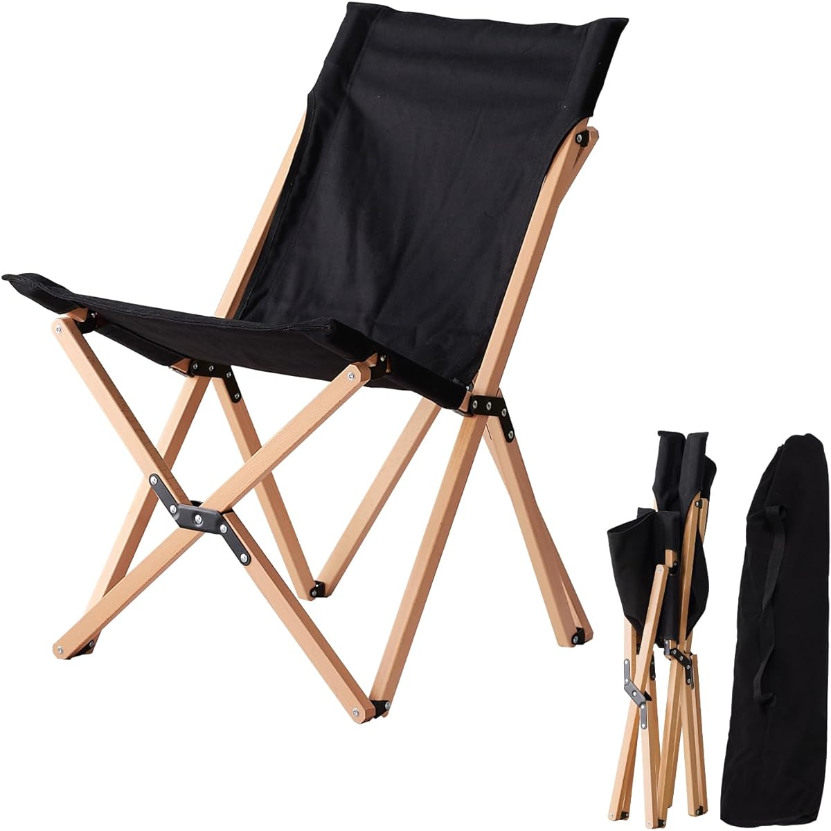 Hagiwara Outdoor Chair Folding Chair Natural Wood Finished Product Camping Storage Bag Included Black LOC-4491-BK