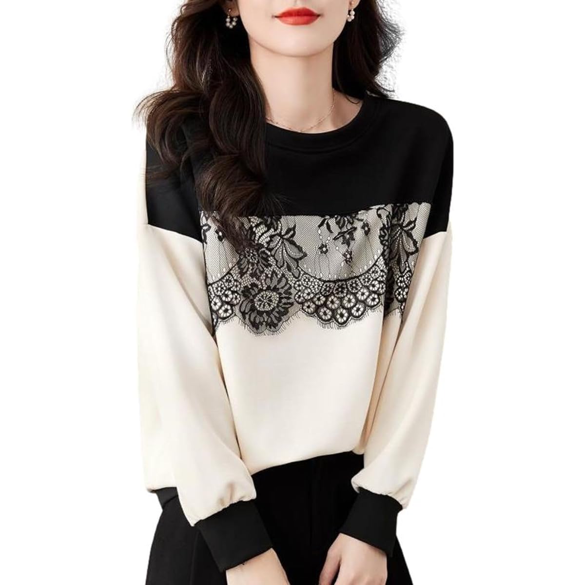 [J-Scott] Lace line tops, loose, bicolor, pullover, 10/4 sleeves, unlined, crisp, casual, women's JS101