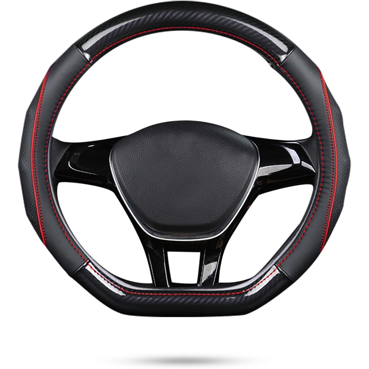 Ergocar Car Steering Wheel Cover Anti-slip D-Shape Steering Wheel Cover Carbon Fiber & First Layer Cowhide Leather Diameter 38cm (D-Black-Red)