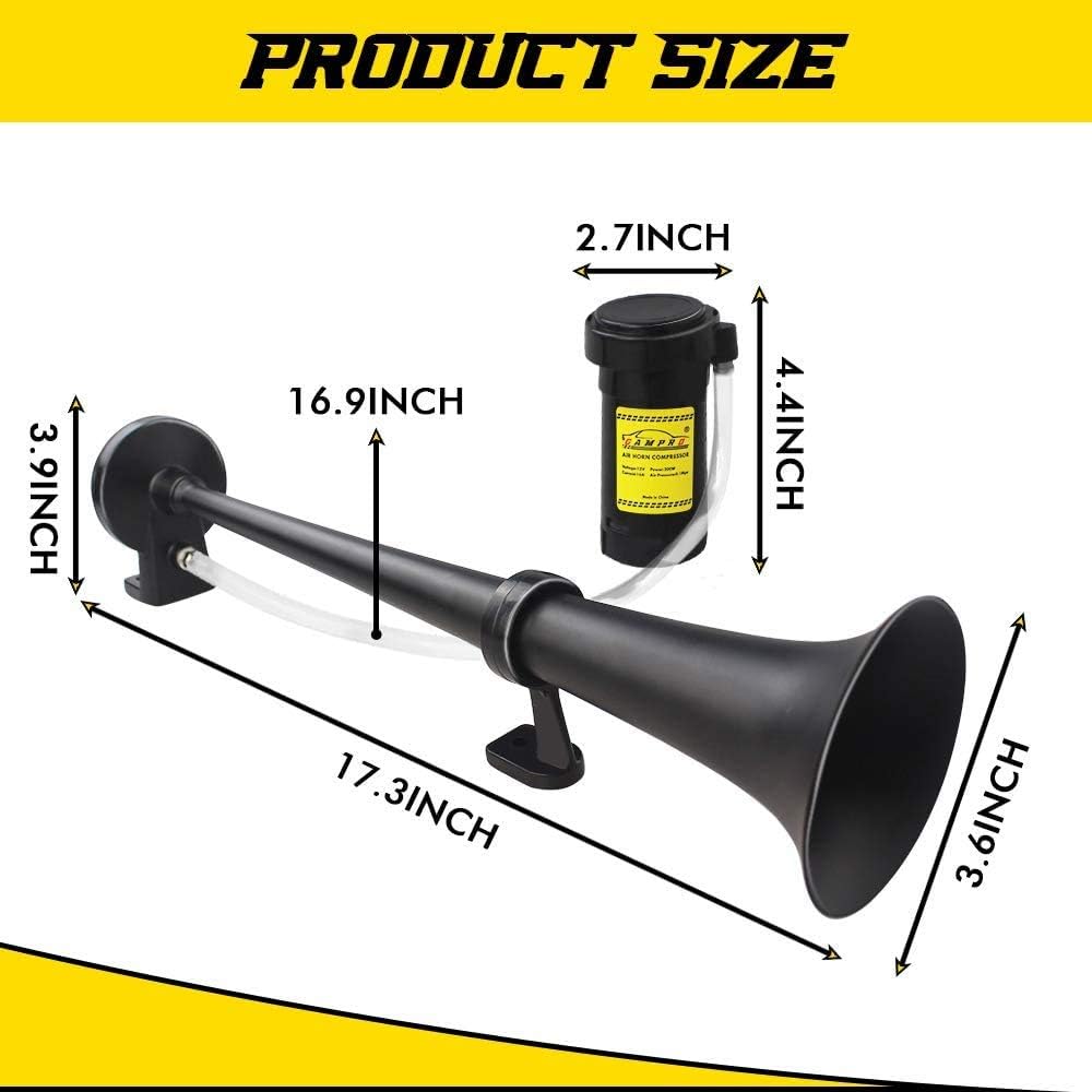 GAMPRO 12V 150DB Air Horn 18 inch chrome Zinc Singing Lumpet Track with Air Horn Compressor All 12V Truck Track Train Boat Car (Black)