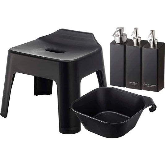 Yamazaki Jitsugyo Hanging Bath Chair, Seat Height 25cm + Magnet & Hanging Bathtub + Magnetic Dispenser Bottle Set of 3 Foam Type & Normal Type [Set of 5] Tower Black 5384 5379 5211 4259 4261