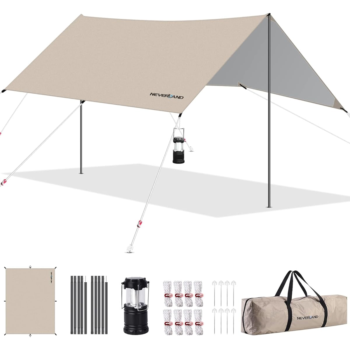 NEVERLAND Tarp, 3 x 4m, Recta Tarp, Lightweight, 210D High Density Fabric, Waterproof, UV Protection, Heat Shielding, Light Blocking, Camping Tarp Set, Storage Bag, LED Lantern Included, For 2-4 People, Outdoor (Khaki)