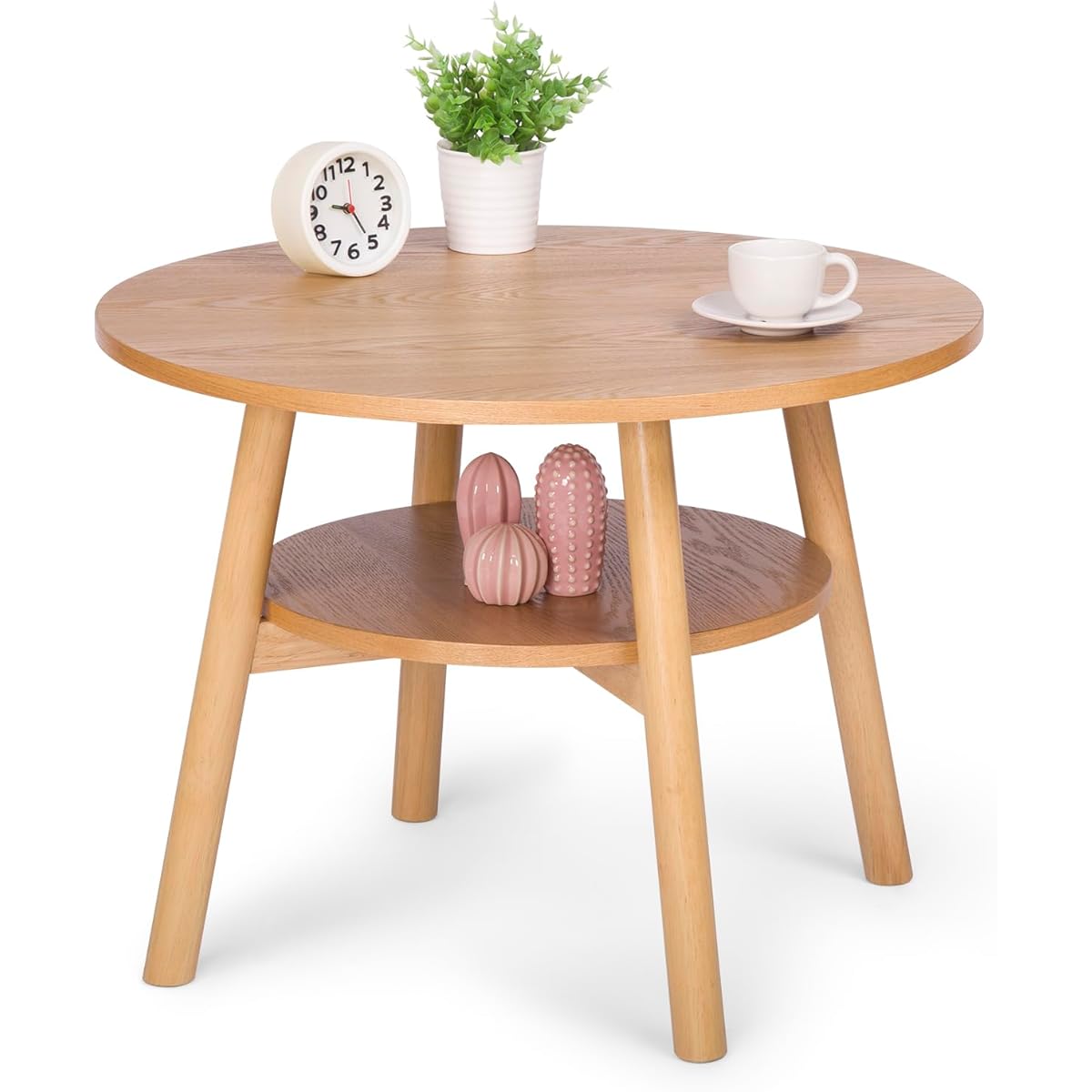 VaLaVie Round Coffee Table, Side Table, Dining Table, Multifunctional, with Shelf, Living Room Center Table, Wooden, Low Table, Low Table, Width 60 x Depth 60 x Height 44.5 cm, Wood Color