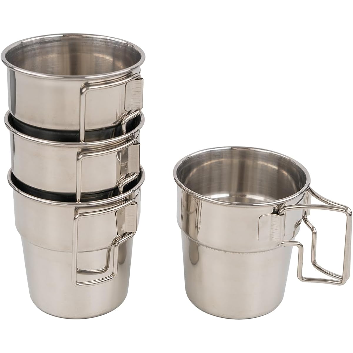 OMOTENASHI NO KUNI Mug Set of 4 Stackable Stainless Steel with Folding Handle and Mesh Bag Compact Lightweight Camping Outdoor Gift Wrapping Gift Box (Silver)