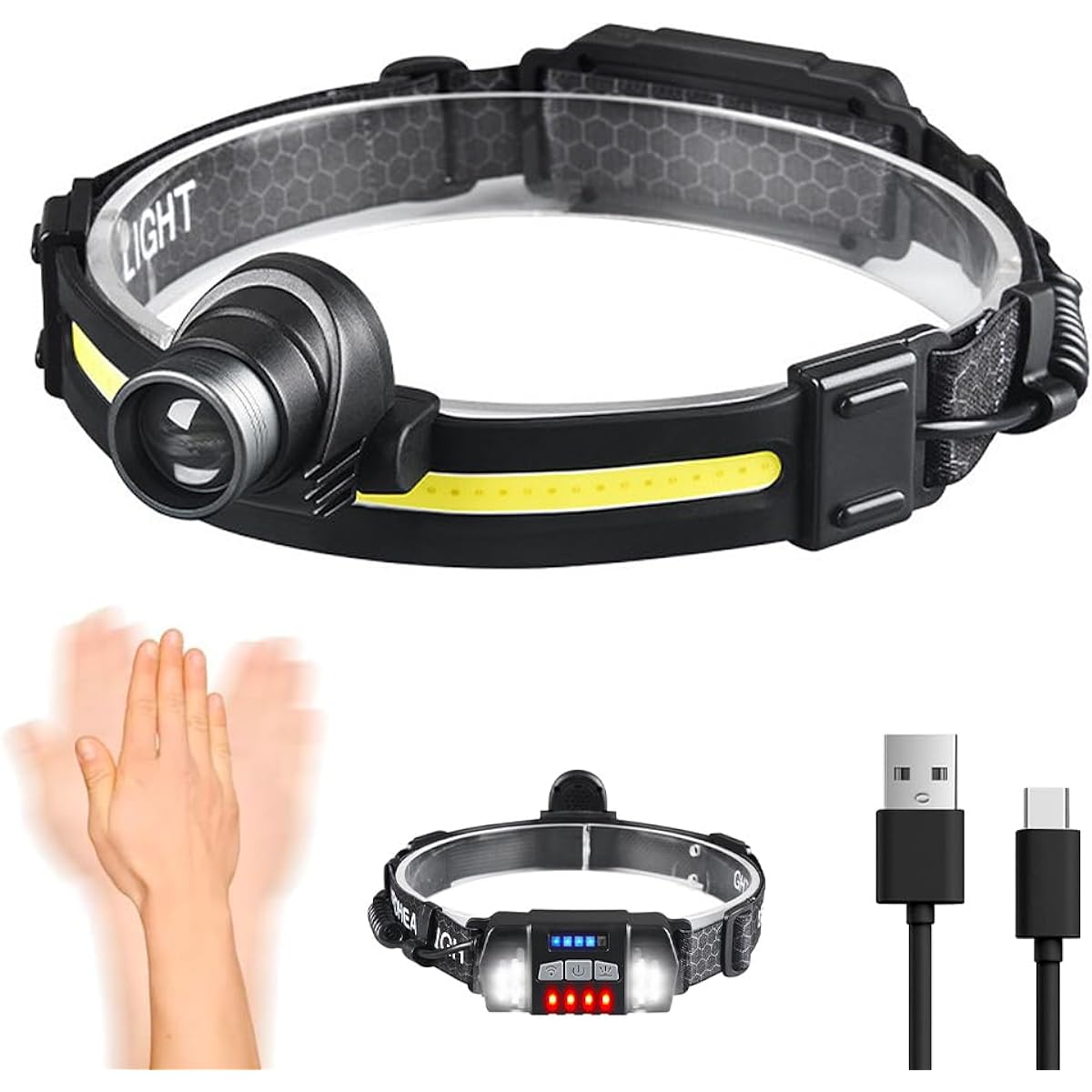 UPF Headlight, Rechargeable, 7 + 3 Lighting Modes, Ultra Brightness, Headlight, Motion Sensor, Zoom Function, 230° Wide Angle Lighting, White & Red LED, Helmet Light, 2,000 mAh, Large Capacity, Memory