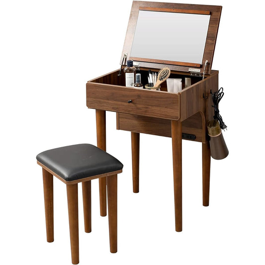 Hagiwara Dresser Vanity Desk with Outlet Stool Set Natural Wood with Hook Modern Simple Width 50 Depth 44.5 Height 39.5 Dark Brown 1 unit MD-6577DBR