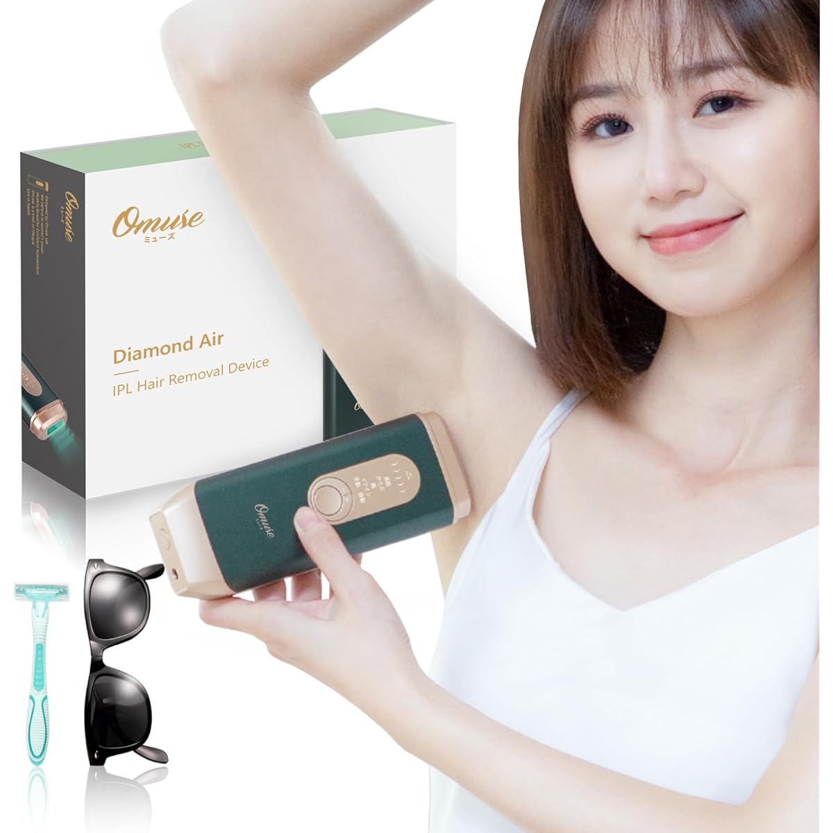 [Salon grade IPL light hair removal device] Omuse hair removal device compatible with vio, compatible with beard, face, armpits, back, bikini line, beard, face, men, women, home use, self hair removal, light beauty device, comes with razor, goggles, and