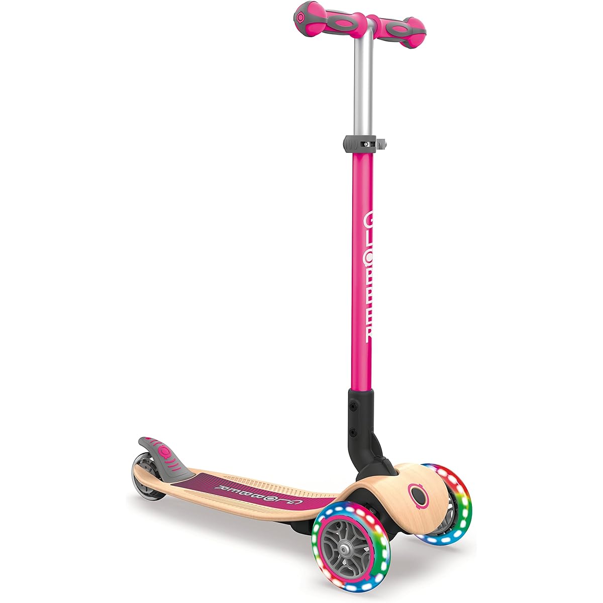 GLOBBER Kickboard Flash Glowing 3 Wheel Wood Deck Foot Brake Outdoor Play Children Vehicle Kick Scooter Primo/Foldable/Wood/Light Navy Pink WLGB436110