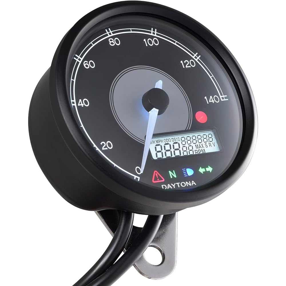 Daytona VELONA Motorcycle Electric Speedometer with LCD Tachometer Black Body/White LED φ80 140km/h Display 21980