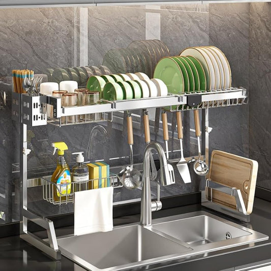 AOITRADE Drainer Rack [Organize Around the Sink] 2 Tier Automatic Drain Kitchen Storage Dish Drying Drainer Basket Chopstick Storage Dish Holder Wine Glass Holder Cutting Board Holder Washing Basket Black ADR420