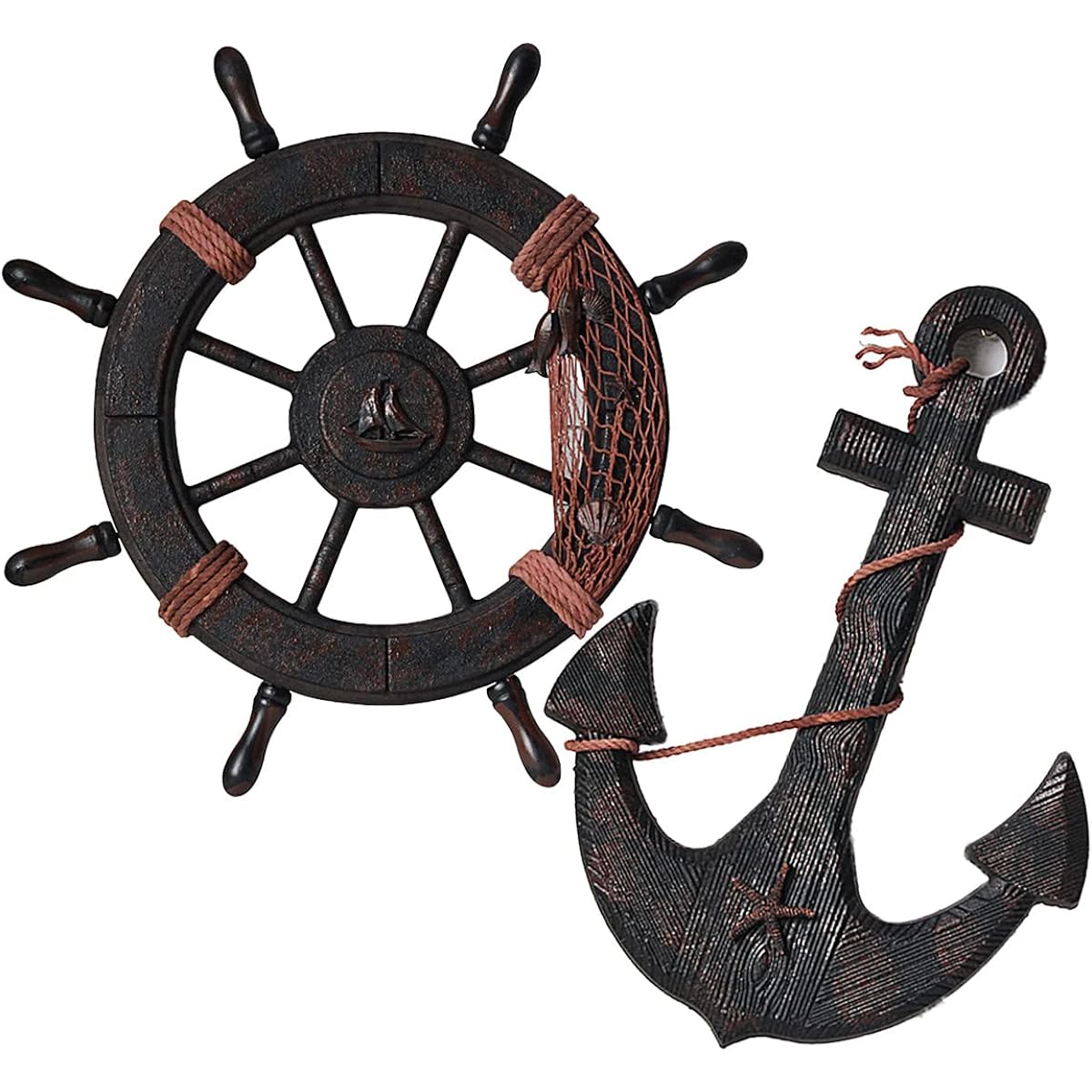 Wooden Rudder Anchor Antique Pirate Interior Stylish Ship Object Retro Boat Barrel Gardening Asian Taste Helms American Floating Ball Stylish (L, Anchor Rudder Set)