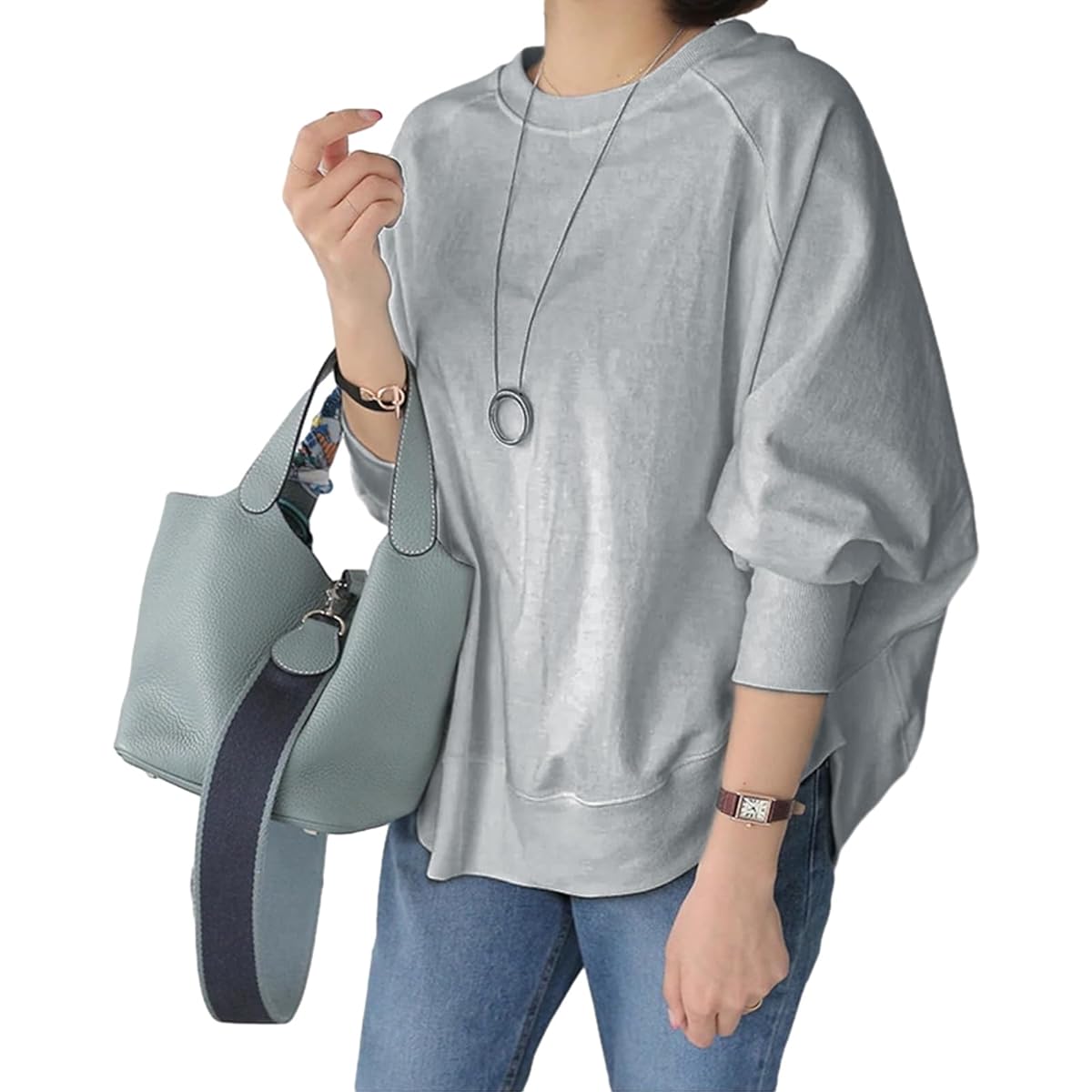 [EnagmourCheripo] Dolman Sleeve Sweatshirt, Women's Sweatshirt, High Quality Cotton, Long Sleeve, Pullover, Round Neck Top, Casual, Loose, Cut and Sew, Stylish, Large Size, Room Wear, Office, Commuting, Slimming, Spring, Autumn, Winter