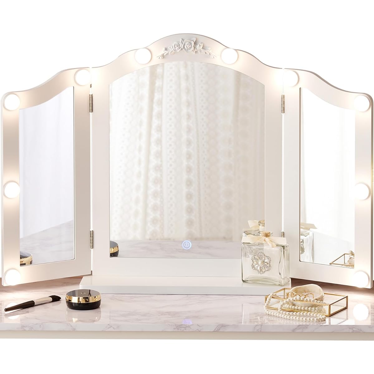 Hagiwara Three-sided Mirror Tabletop Actress Mirror Princess LED Lights 10 Pieces Dimmable Stepless Large Width 84 Depth 27 Height 57 White MD-6698WH