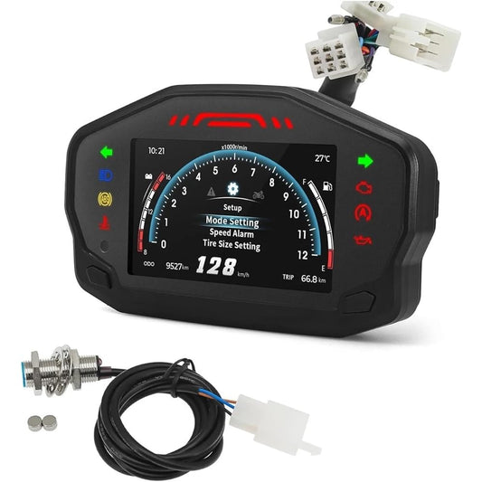 LED Indicator Odometer Fits 2 4 Cylinder Speed Alarm 12V Universal Motorcycle LCD Digital Speedometer TFT Screen Motorcycle Odometer Gauge Tachometer (Color : With Sensor)