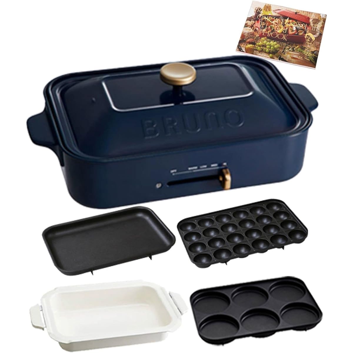 BRUNO Compact hot plate Main unit 4 types of plates (Takoyaki ceramic coated pot Flat multi) Recipe book included Navy Navy Navy Stylish Cute This one unit Lid included 1200w Temperature control Easy to wash For 1, 2, 3 people Small size Also suitable fo