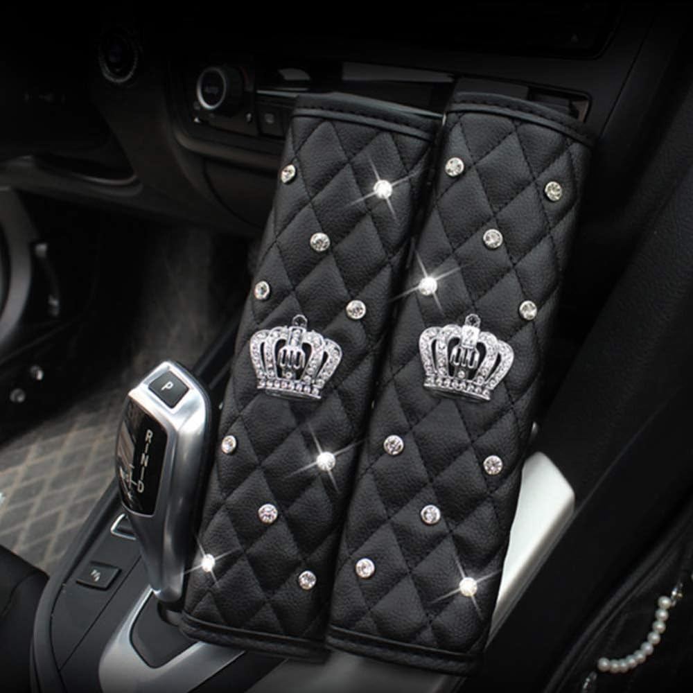ALVAZA Leather Car Seat Belt Cover Sheet Belt Pad Pad Hand Brake Cover Gear Shift Cover Crown Car Accessories with Glitter Line Stone (4 pieces)