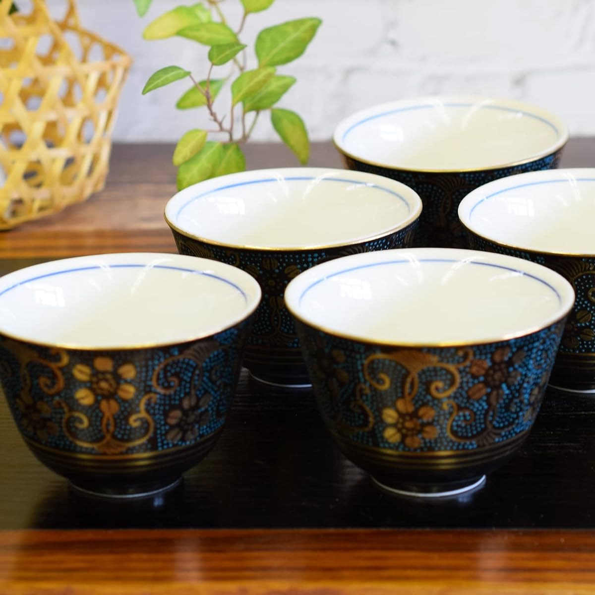 Kutani ware teacup set of 5, blue grain iron, stylish teacup, for guests, luxury tea utensils