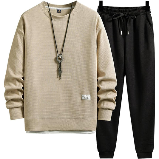 [SUKINANA] Men's T-shirt, Top and Bottom Set, Layered Style, Long Sleeve, Breathable, Quick Drying, Sportswear, Comfortable, Plain, Stylish, Casual, Loungewear, Jersey Top and Bottom Set, Autumn, Winter, Spring