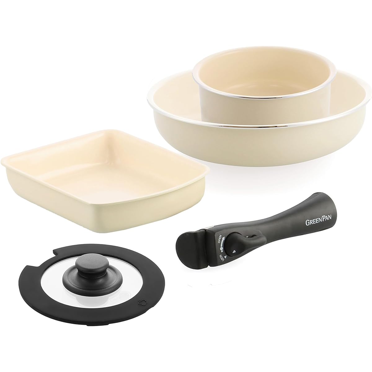 GREENPAN Click Chef, Frying Pan with Removable Handle, Egg Cooker, One Hand Pot, 5 Piece Set, Glass Lid, Cream White, IH, Gas, Dishwasher Safe, Ceramic Coating, PFAS Free, No Harmful Substances