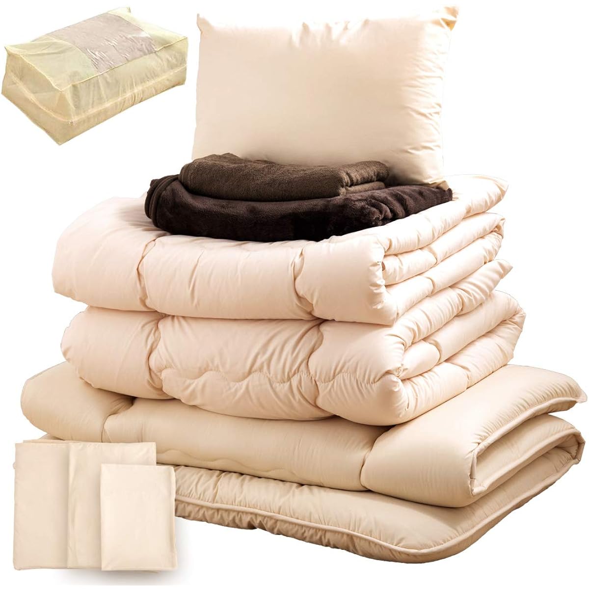 Tansu no Gen Futon Set [10-piece set that can be used in all seasons! ] Single long 2-piece comforter, solid cotton 3-layer mattress, microfiber blanket, towel blanket, pillow, washable cover, storage case included, gray 26700100 13(76424)