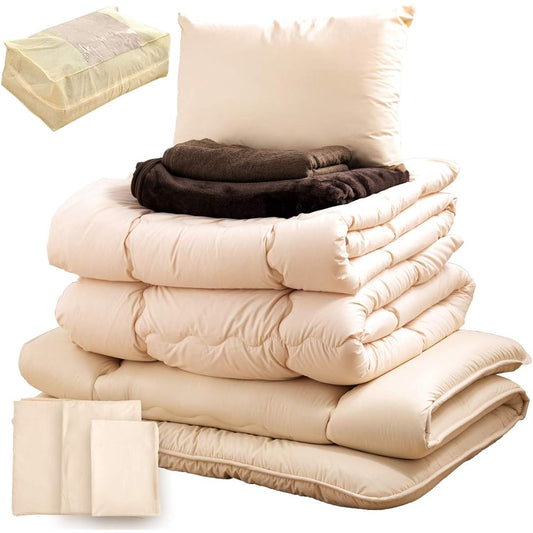 Tansu no Gen Futon Set [10-piece set that can be used in all seasons! ] Single long 2-piece comforter, solid cotton 3-layer mattress, microfiber blanket, towel blanket, pillow, washable cover, storage case included, gray 26700100 13(76424)