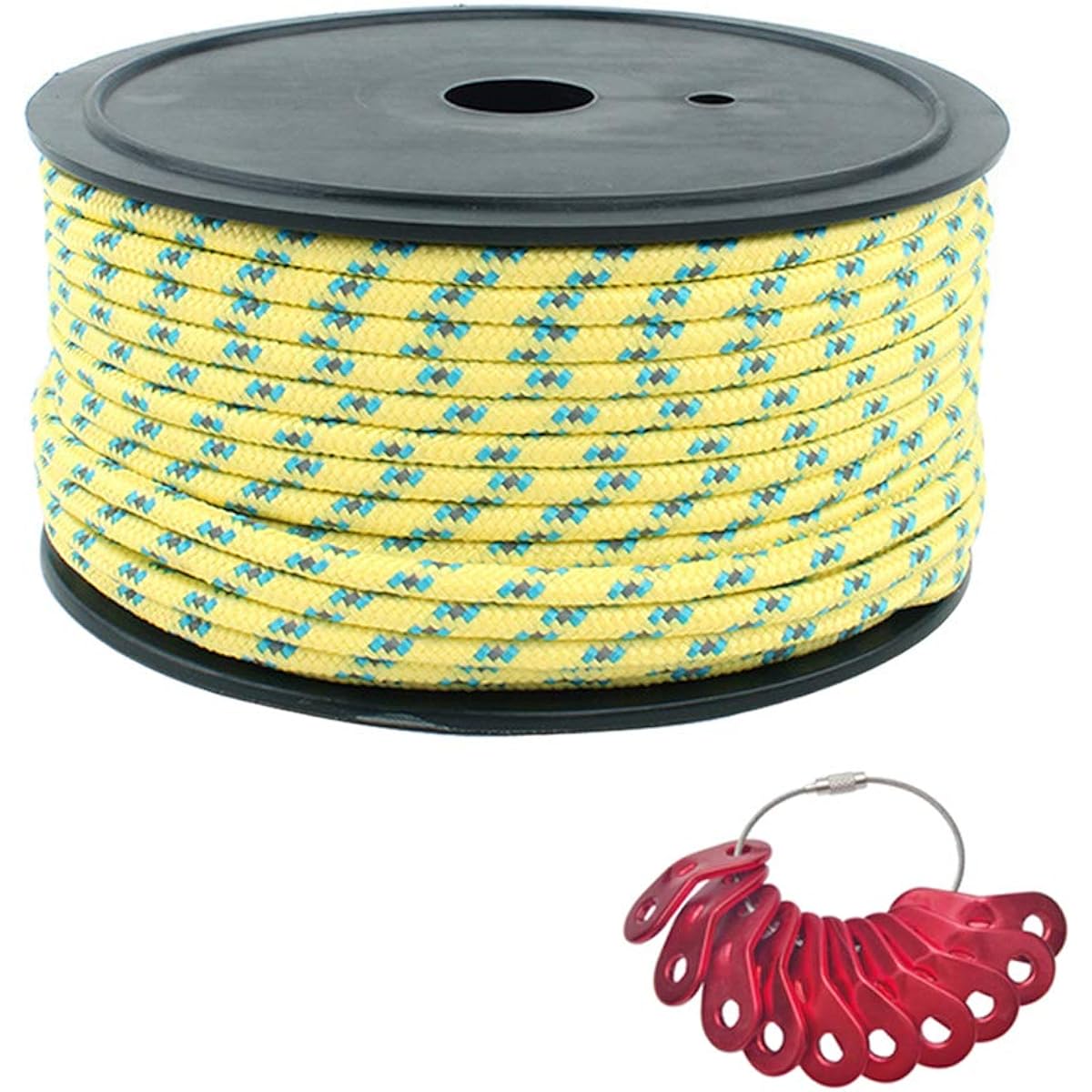 Lukinsen Tent Rope with Reflective Material Diameter 5mm x Length 20m/30m/50m High Visibility Guy Rope Tarp Rope with 10 Flexible Hardware for Camping and Outdoor Use (50m-Yellow Camouflage (Reflective))