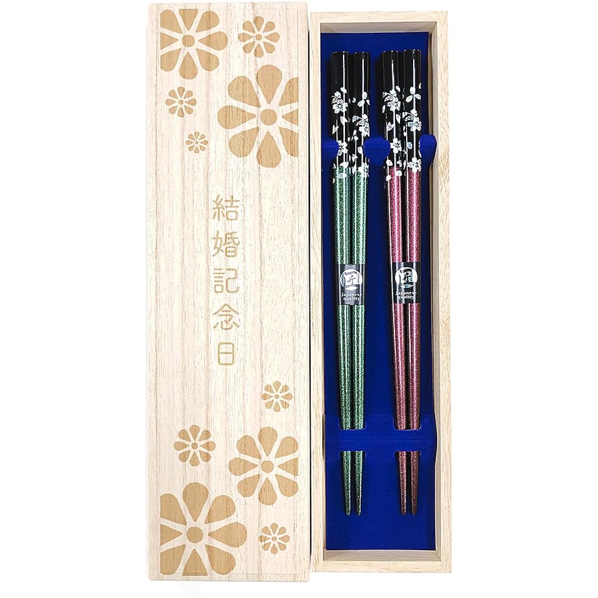 Couple chopsticks, dishwashing silver dance cherry, green, purple, with design paulownia box and wrapping, wedding anniversary, wedding anniversary, parents, father, mother, golden wedding, silver wedding, wooden wedding, celebration, present, gift [176]