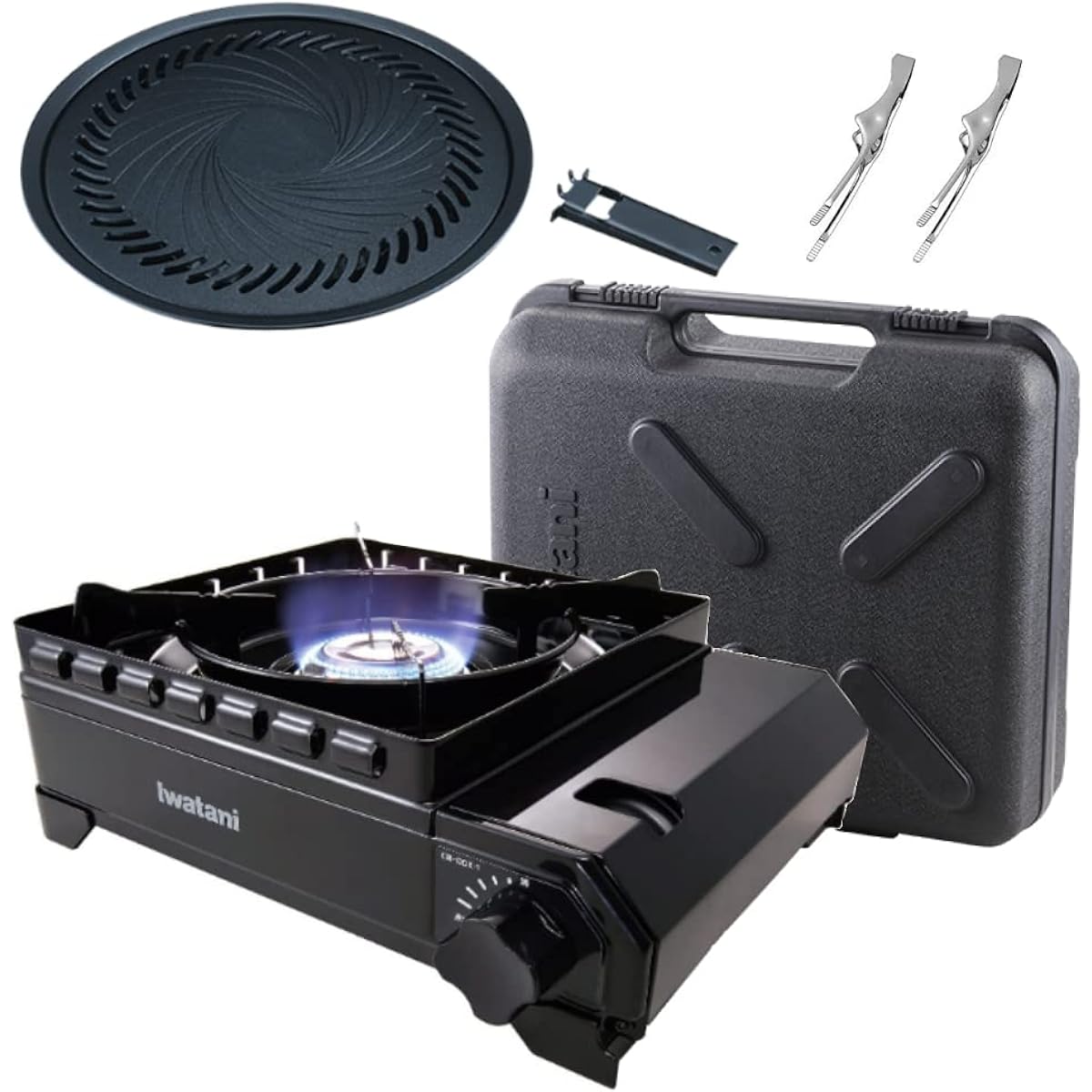 Iwatani Cassette Fu Tough Maru Black (CB-ODX-1-BK) + Yakiniku Plate + 2 Mini Tongs Set