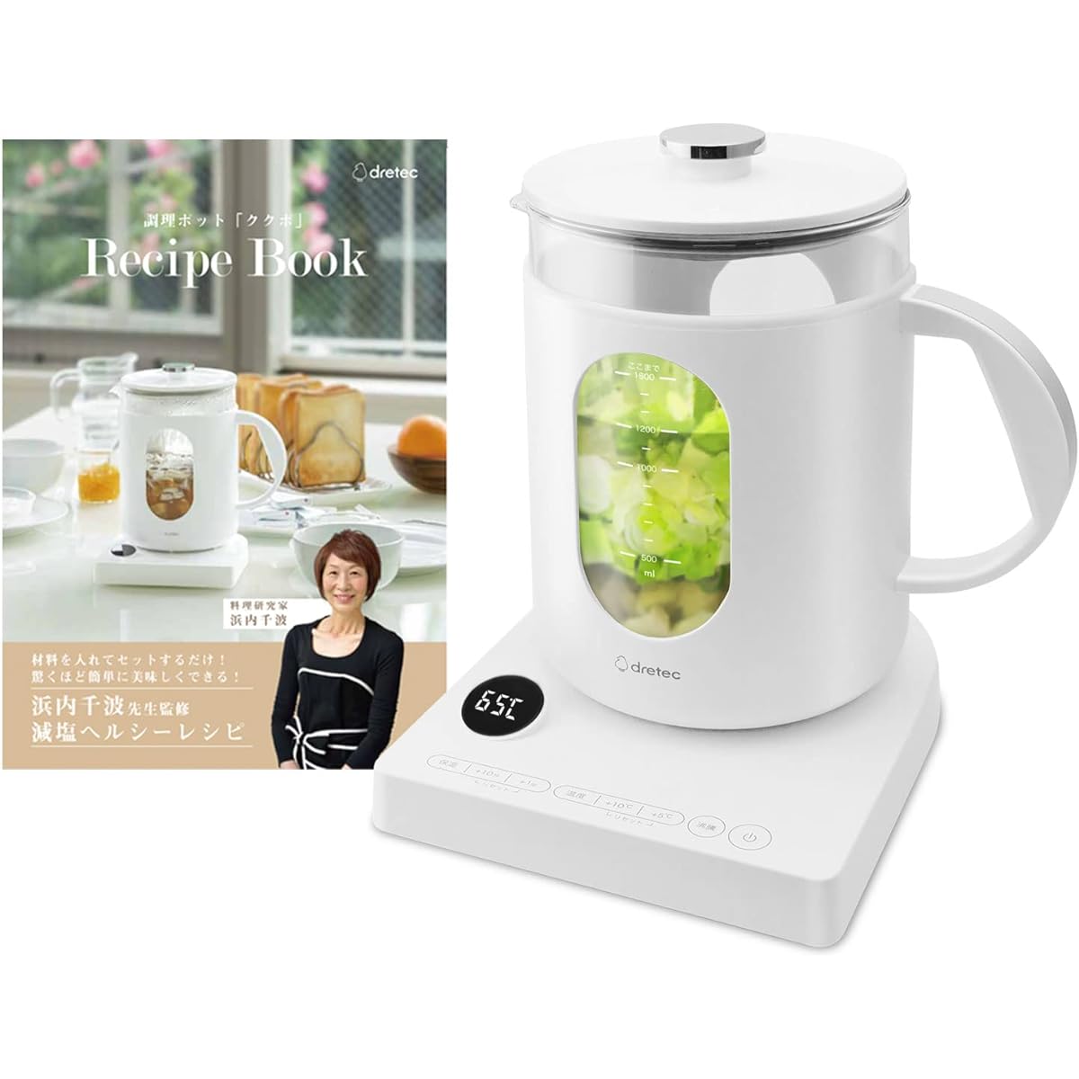 dretec Electric Kettle, Temperature Control, Glass, 3.1 gal (1.5 L), 5 °C Units, Kettle, Low Temperature Cooking, Heat Retention Cooking, Stewing, Cooking Researcher, Includes Recipe Book Supervised