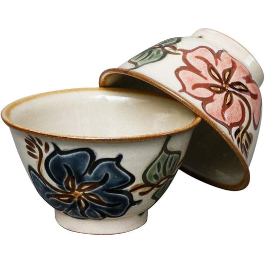 Yachimun (Okinawa pottery) 3.5 inch Makai Hibiscus pair set | Tea bowl, bowl, tableware, line carving, pottery