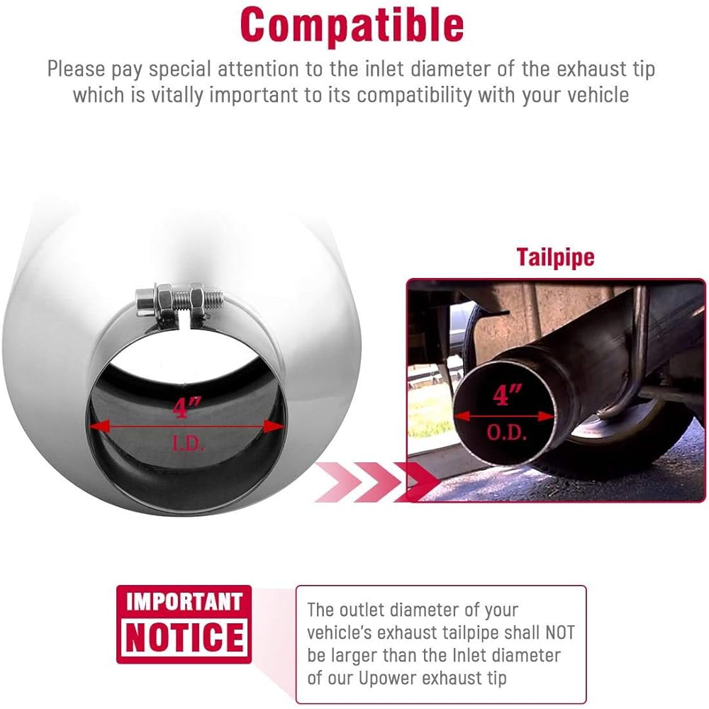 Upower Universal diesel truck car exhaust chip 4 inch inlet 6 inch outlet length 15 inch stainless steel bolt -on