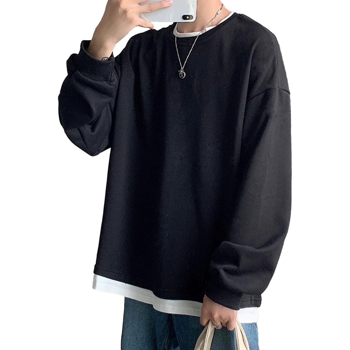 [YACORESYA] Big T-shirt, Men's, Spring/Autumn Clothes, Sweatshirt, Layered, Long Sleeve, Stylish, Large Size, Faux Layered, Unisex, Popular, Tops, Drop Shoulder, Big Silhouette, Large Size
