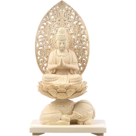 Hanro Art Sculpture Buddha Statue Fugen Bodhisattva Cypress wood Bird and Beast Zodiac Arabesque halo Born in the year of the Dragon and Snake Amulet against evil Zodiac protector Principal image Guardian Buddha (Height 24.5cm x Width 14cm x Depth 9.2cm)