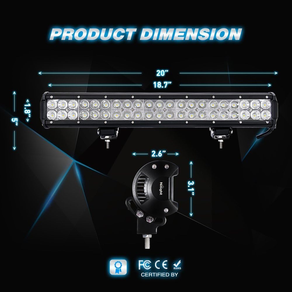 NILIGHT 20 inch 126 W Spot Flood Combo LED Light Bar 4 pieces 4 inch 18 W Spot LED Pod Foglight for Geepranger Boat Truck Truck Truck Trailer Off Road, 2 Year Warranty