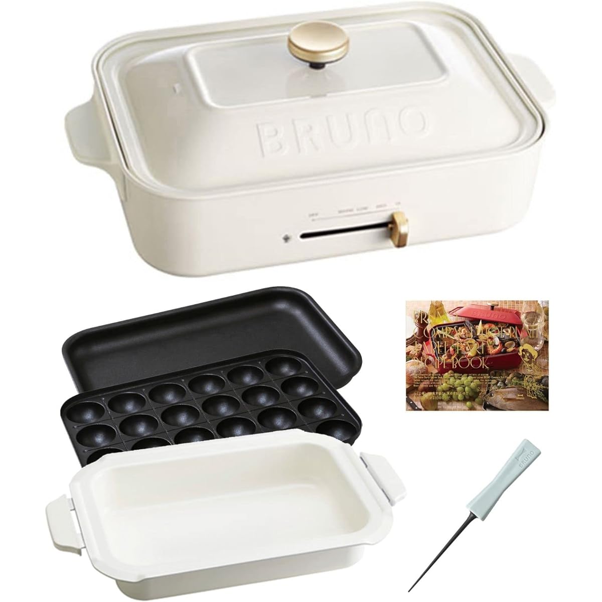 BRUNO [Bruno Official Store Limited Original Takoyaki Pick with Recipe] Hot Plate Ceramic Coated Pot Plate Set of 3 Takoyaki Maker Compact White BOE021-SET-NABE-WH 1705103