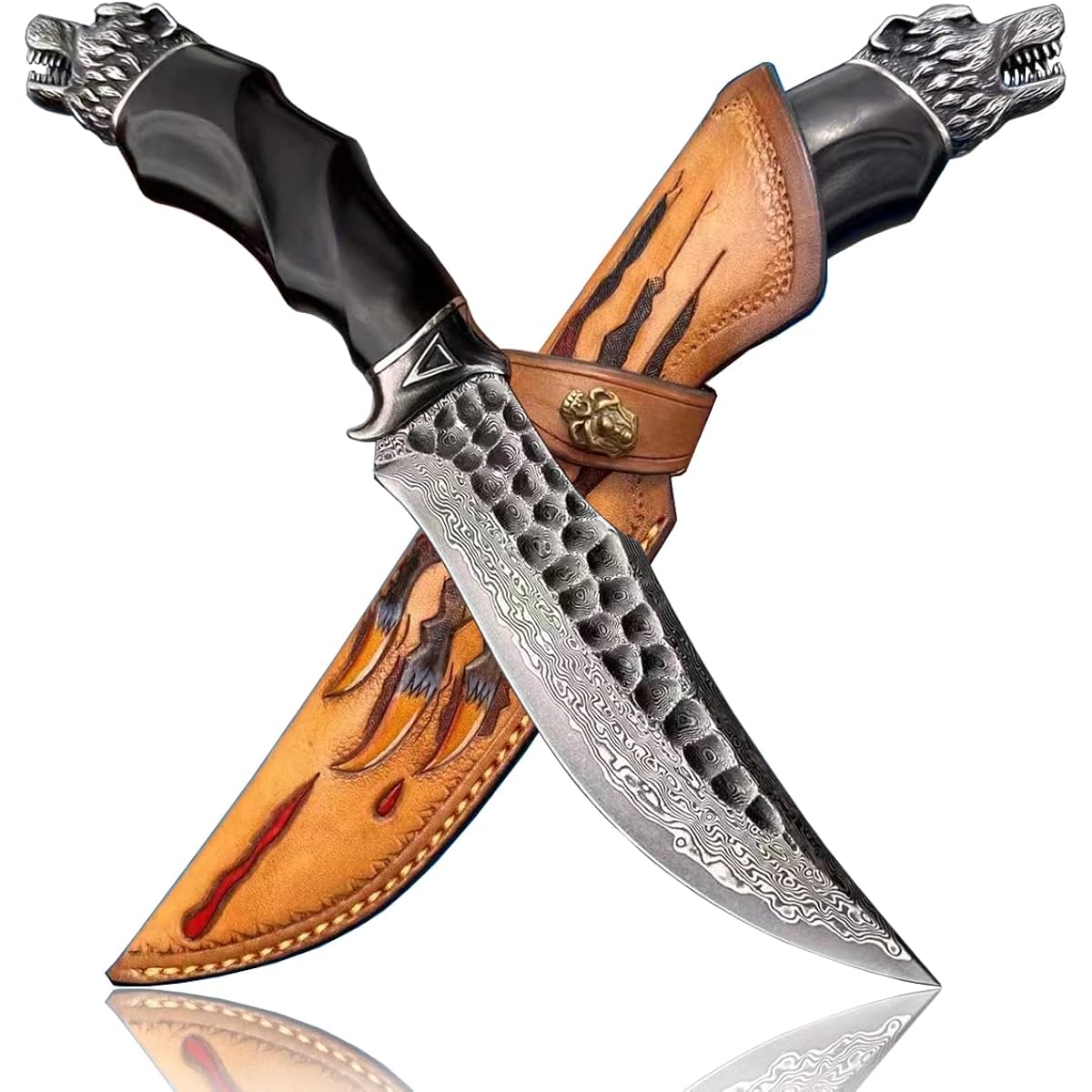Dcenrun Super Premium Sheath Knife 73 Layer Damascus Knife [Berserker] V Gold No. 10 Damascus Black Sword Camp Ebony + Copper Kumao Gold