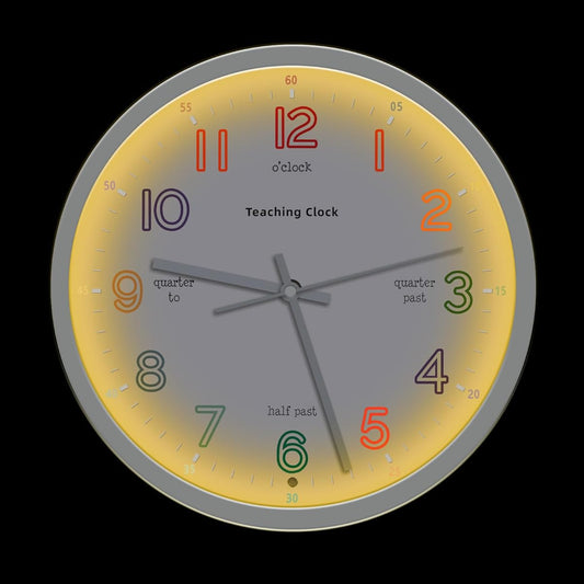 Wall Clock, Luminous, Educational Clock, Dome Glass, Wall Clock, Comes with Transparent Glass, Diameter 30cm, Battery Operated, Round, Quiet, Easy to Read, Clock that lights up automatically when it gets dark, Stylish, Continuous Second Hand, Bedroom, Ch
