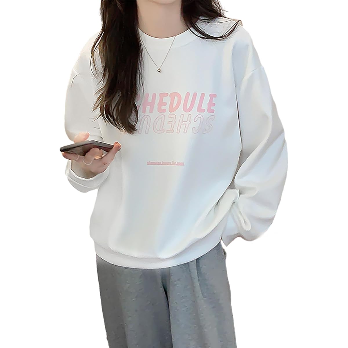 [Tiernyueth] Women's Sweatshirt, Pullover, Long Sleeve, Top, Round Neck, Print, Splicing, Plain, Cold Protection, Thin, Brushed Lining, Cute, Grace, Soft, Comfortable, Large Size, Loose, Casual, Fashion, All Matches, Spring, Autumn, Winter, Commuting