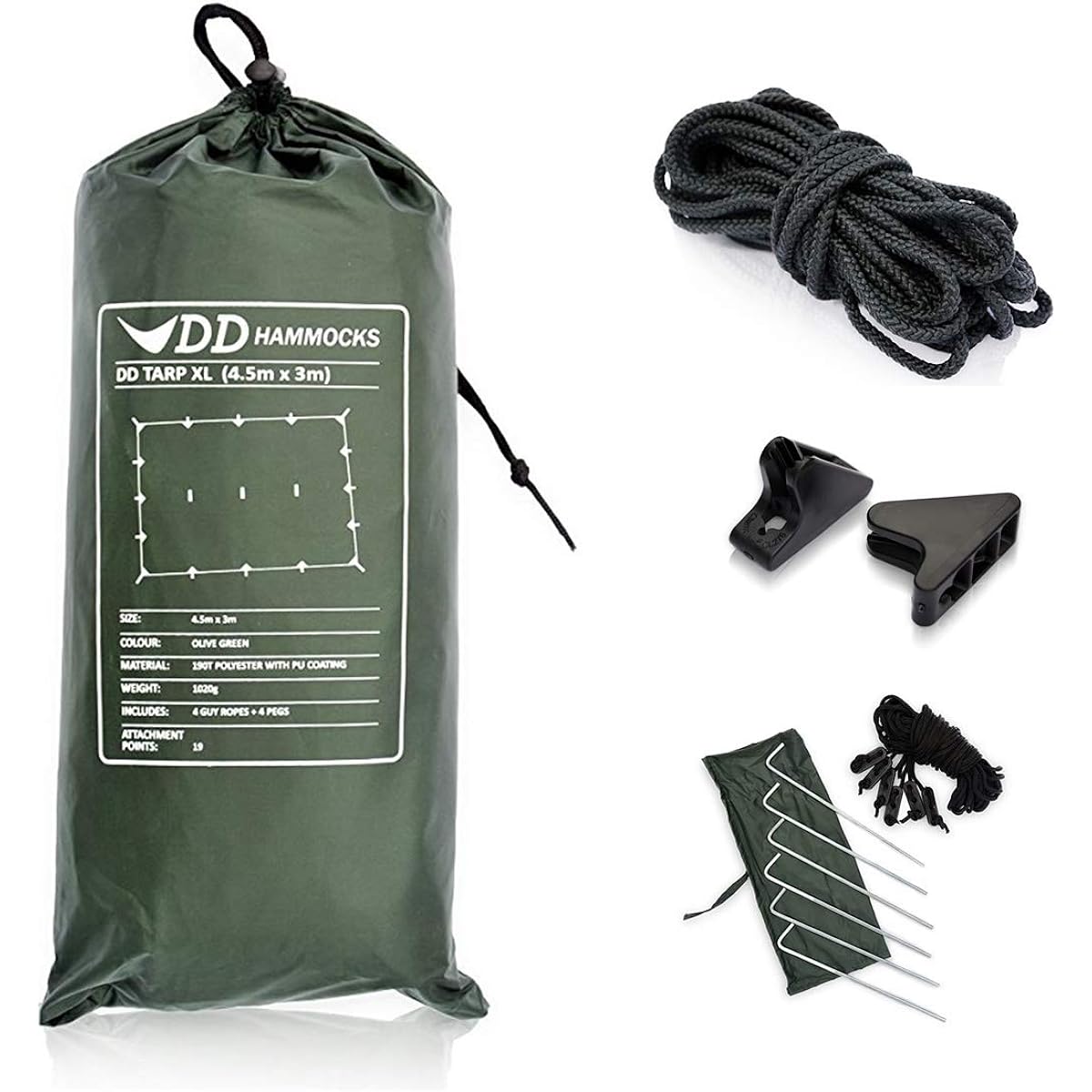 DD Tarp XL Convenient set for setup DD Tarp XL 4.5X3m & DD Cord Cord (10m) & Ridgeline Loks (2 pieces) &DD Pegs + Guy Lines (x6) Additional pegs + guy lines (x6) (Olive Green) ) [Parallel import goods]
