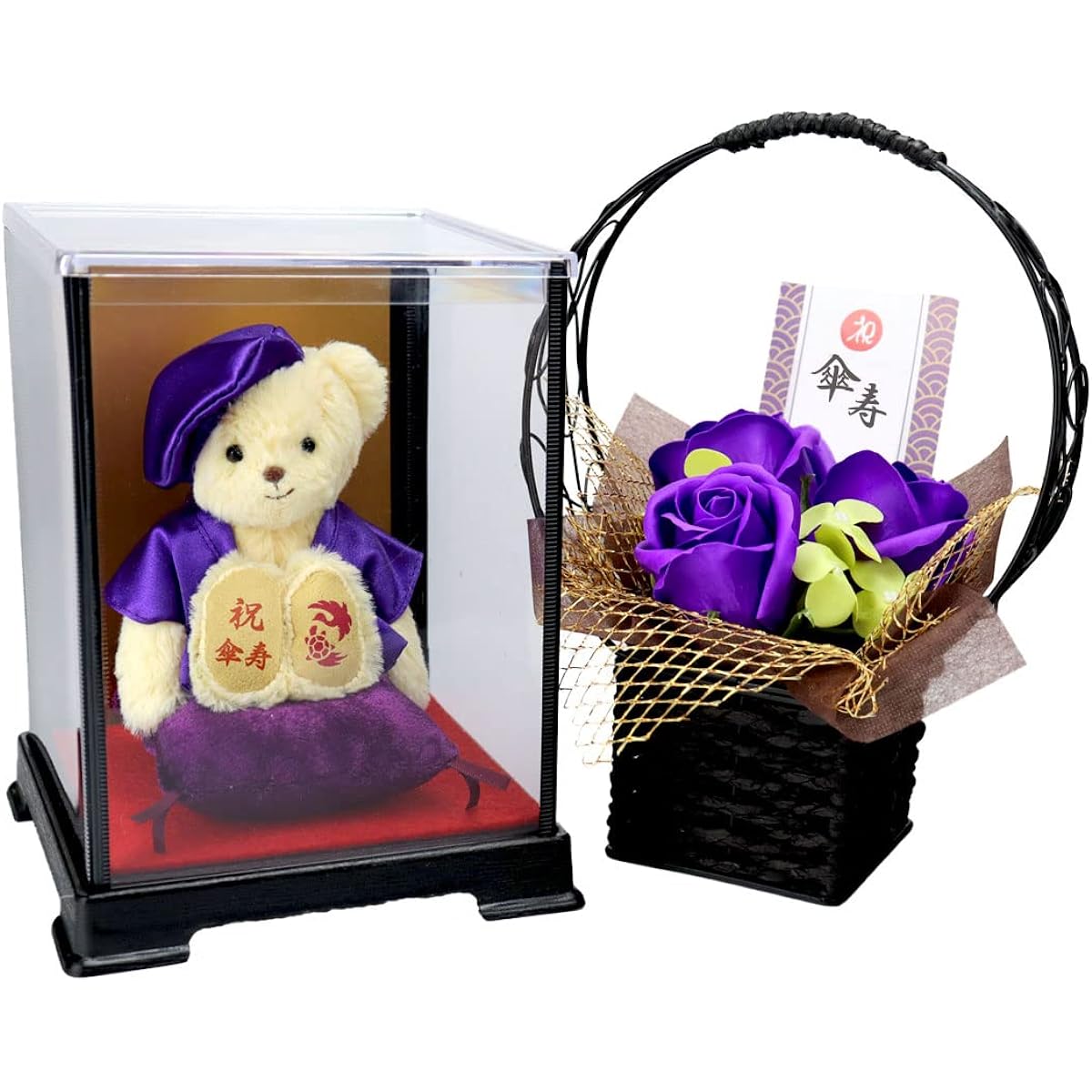 [Petit Lou] A celebratory teddy bear wearing purple Chanchanko (Case Fragrance Soap Flower) for Usako Kotobuki